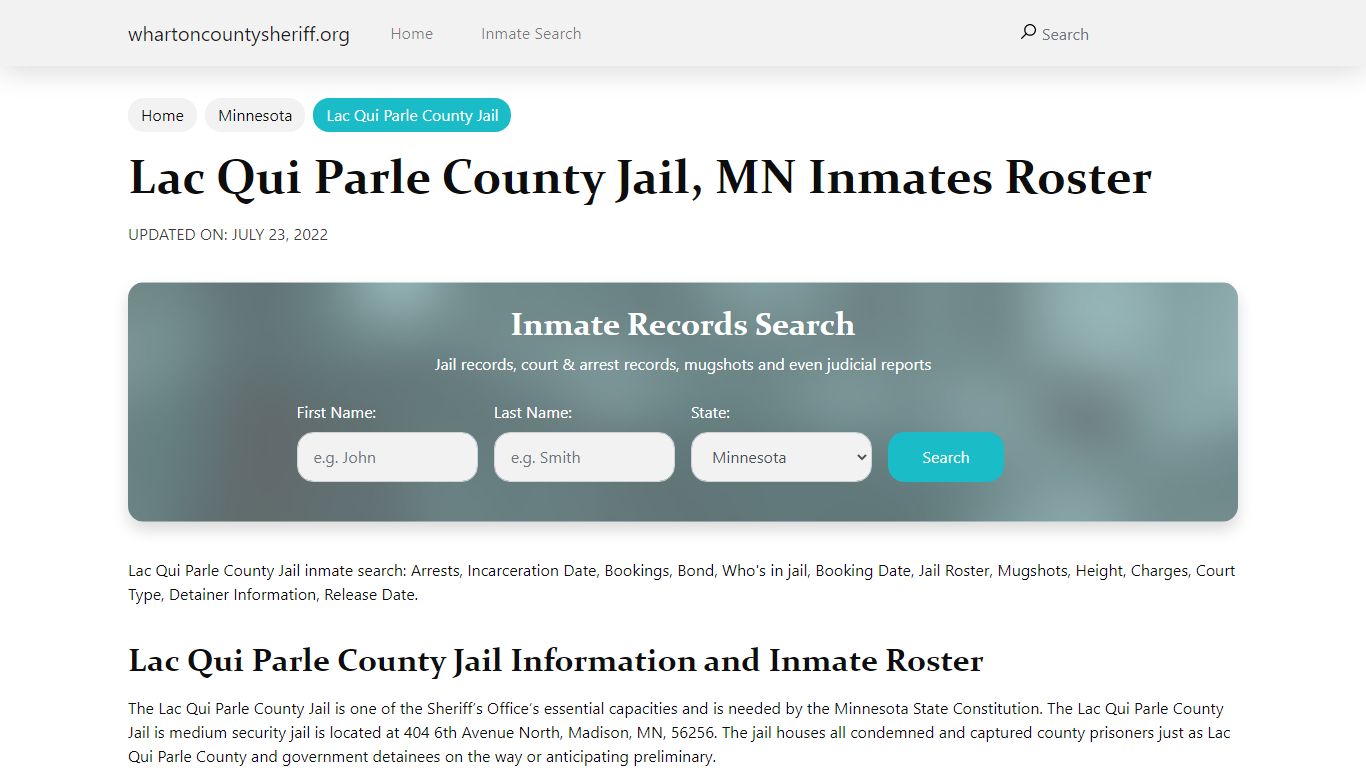 Lac Qui Parle County Jail, MN Jail Roster, Name Search