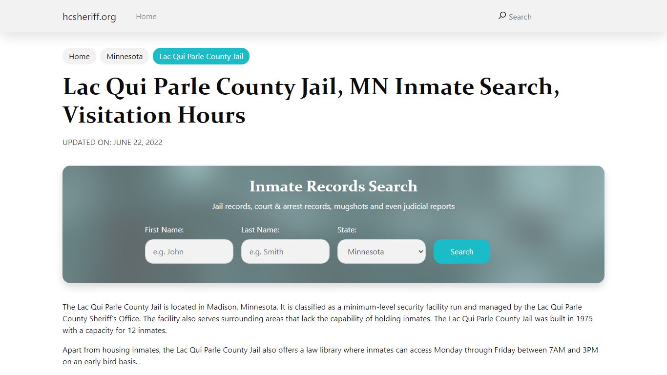 Lac Qui Parle County Jail, MN Inmate Search, Visitation Hours